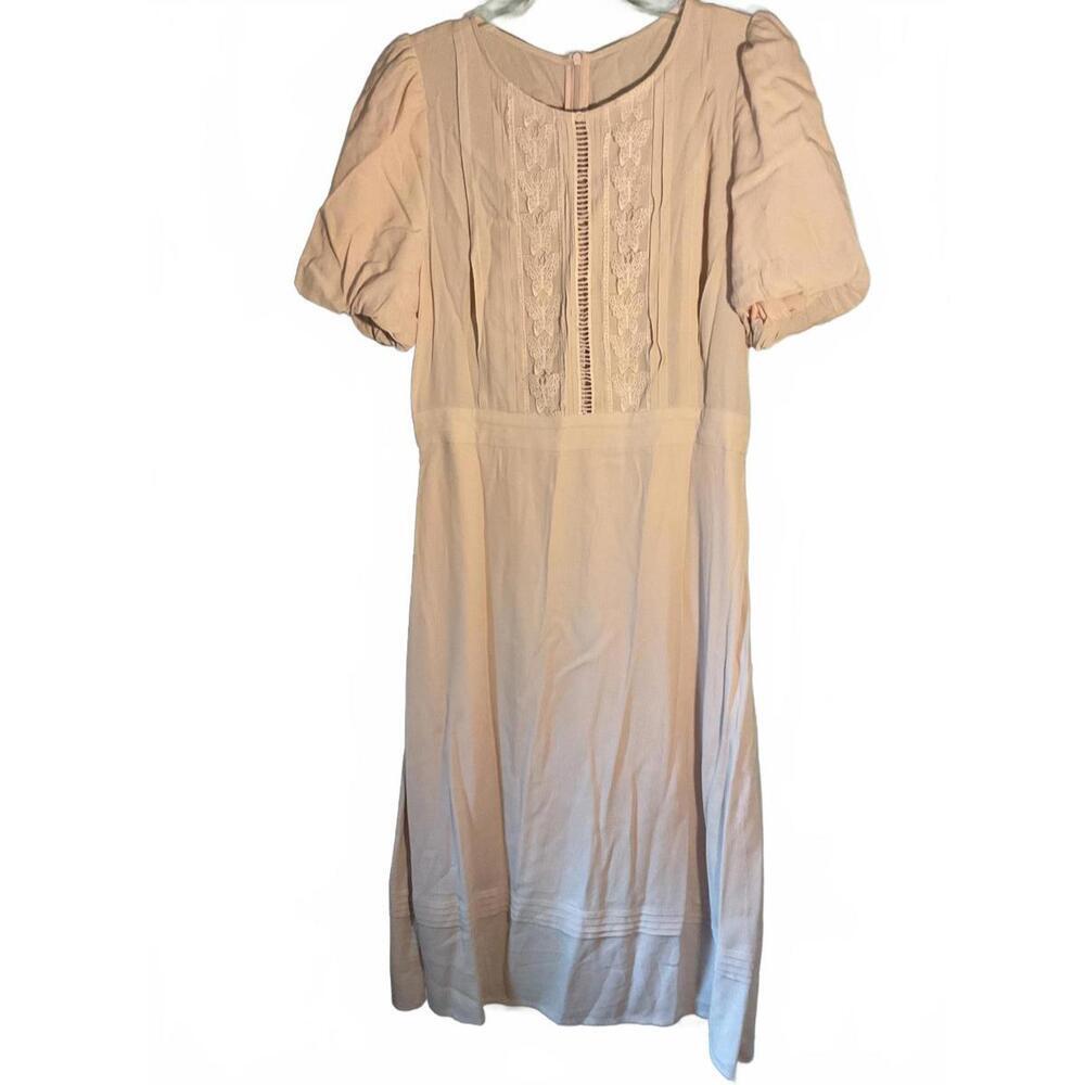 Motf Vintage Look Soft Pink Puff Sleeve Dress with Butterfly Lace Detail Large